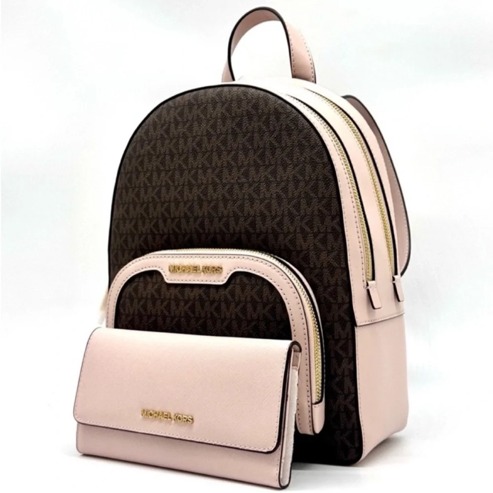 Michael Kors Jaycee Medium Logo Backpack & Matching Trifold Wallet Powder Blush - Picture 3 of 13